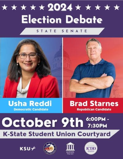graphic with photos of Usha Reddi and Brad Starnes and info about the Oct 9 2024 State Senate Election Debate
