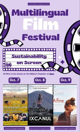 graphic with info about Sustainability on Screen Multilingual Film Festival and the 3 movies to be shown