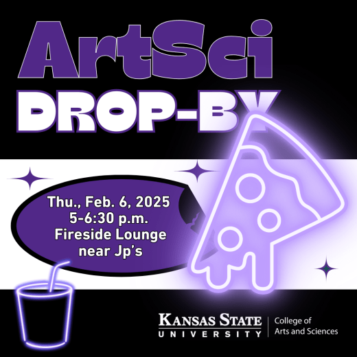 graphic with text about ArtSci Dropby on Feb 6 2025 and image of purple neon light that looks like pizza