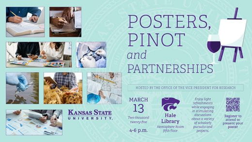 Graphic with various research-related photos and info about Posters, Pinot and Partnerships event on March 13, 2025