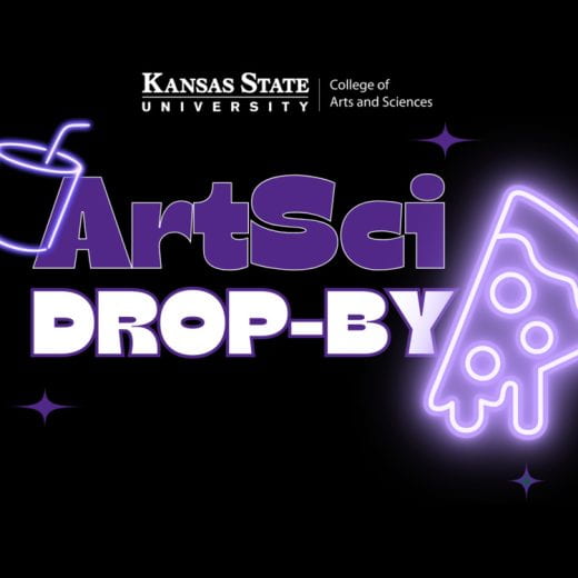 black graphic with purple and white text that says ArtSci Drop-By and a purple neon pizza slice