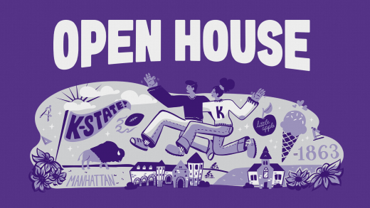 purple graphic with cartoon style imagery related to K-State plus words "Open House"