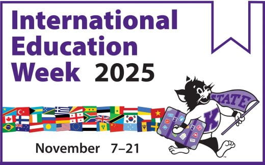 graphic that says international education week 2025 and has retro Willie and many national flags