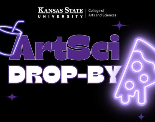 black graphic with purple and white text that says ArtSci Drop-By and a purple neon pizza slice