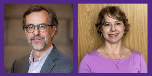 separate photos of Scott Tanona and Mary Kohn in one purple frame