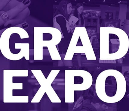 purple & white graphic showing words "grad expo"