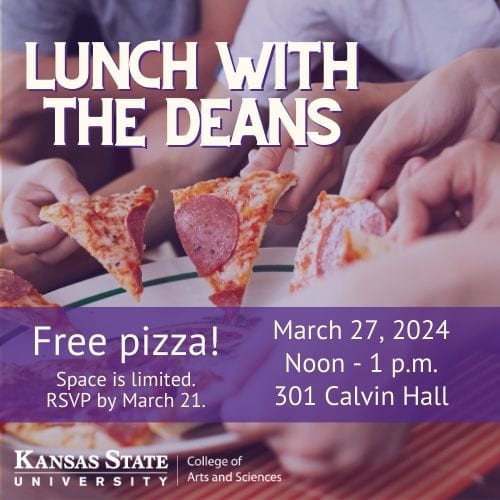 a graphic showing hands holding pieces of pizza and details about the Lunch with the Deans event March 27, 2024