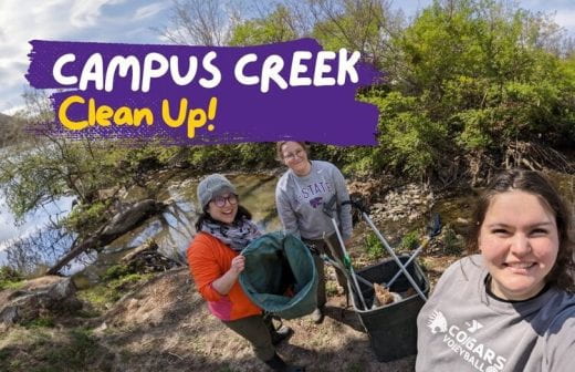 Photo of people at creek with cleaning supplies and text about Campus Creek Clean-Up event