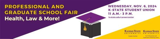 graphic showing book and purple graduation cap and info about Professional and Graduate School Fair