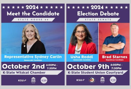 graphic with photos of election candidates and info about debate and "meet the candidate" event