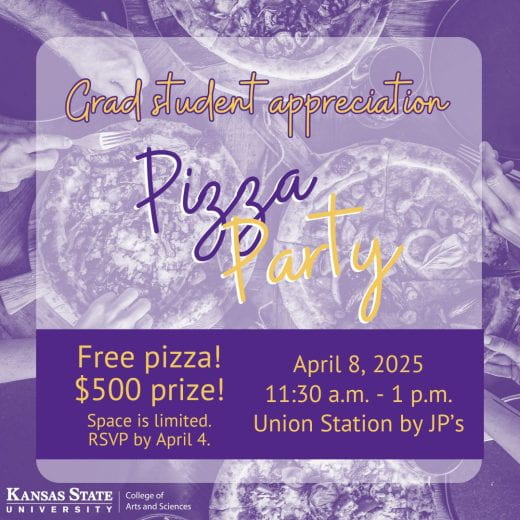 Purplish graphic with info about the pizza party and an underlying photo of pizzas