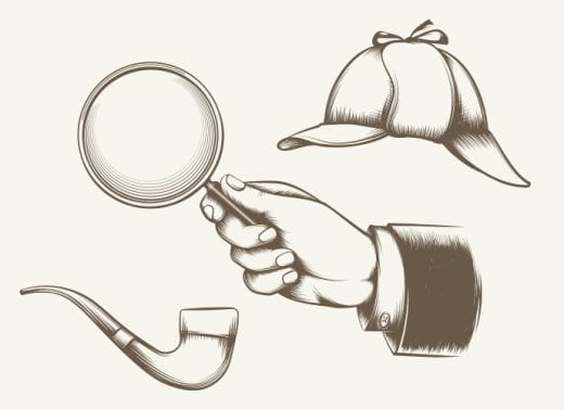 graphic showing drawings of a hand holding a magnifying glass, a pipe, a hat.