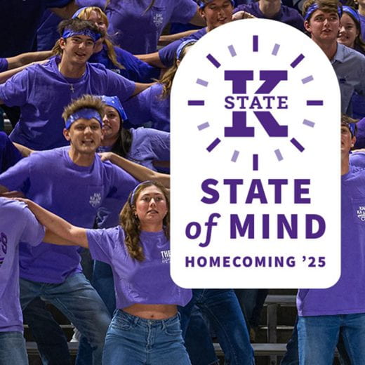 students arm in arm at sporting evnet and graphic that says K State of Mind Homecoming '25