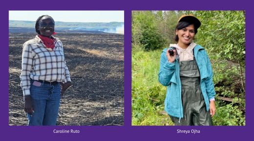 Geography graduate students Caroline Ruto and Shreya Ojha, outdoors