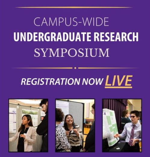 graphic with name of event and photos of students presenting research posters