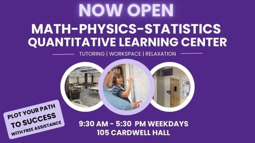 Quantitative Learning Center "now open" graphic with hours and location