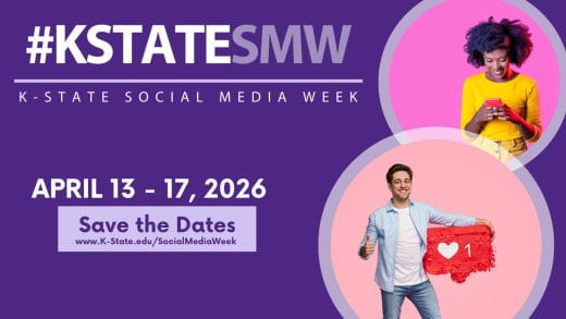 bright purple and pink graphic with dates of 2026 Social Media Week and URL for more info