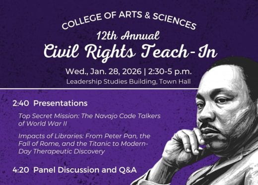 purple graphic with brief event info and image of Martin Luther King, Jr.