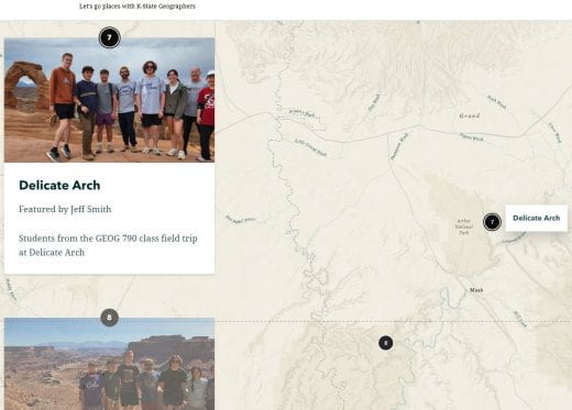 Screenshot of Geography's storymap, showing map background with location pins and correlating photos of students at the locations.