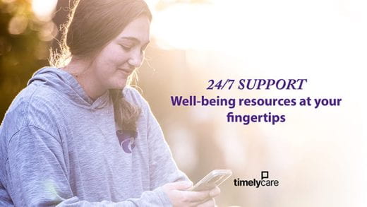 student outdoors looking at phone and text that says 24/7 support well-being resources at your fingertips - TimelyCare