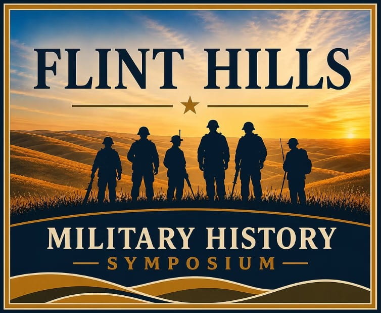 graphic that says Flint Hills Military History Symposium and contains image of silhouetted soldiers looking out over in Flint Hills