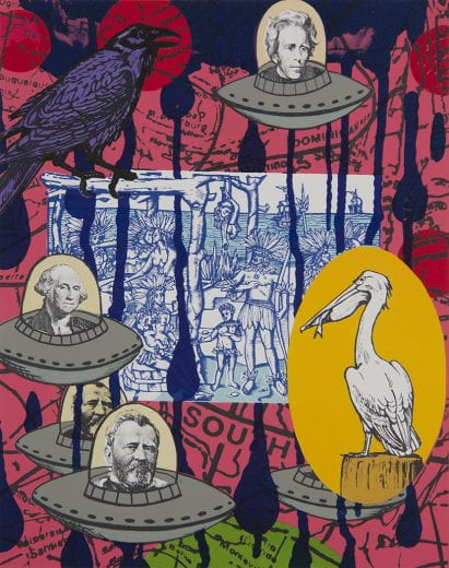 collage of figures including spaceships, a gull and indigenous people