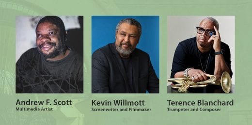 Photographs of artist Andrew Scott, filmmaker Kevin Willmott, and musician Terence Blanchard