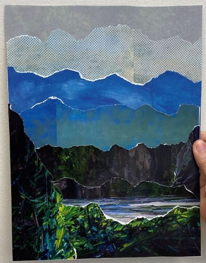 Collage of waterway framed by land and sky