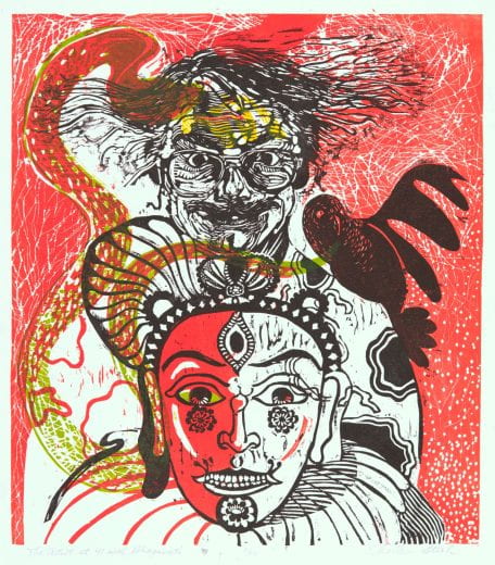 A print titled "The Artist at 41 with Bhagavati" by Charles Stroh in the collection of the Beach Museum of Art.