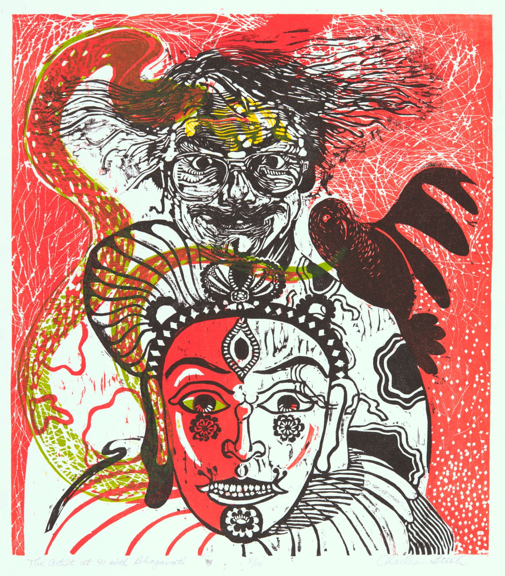 A print titled "The Artist at 41 with Bhagavati" by Charles Stroh in the collection of the Beach Museum of Art.