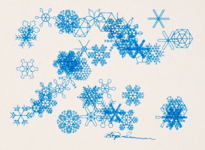 "Snowflakes" by Lloyd Sumner in the Beach Museum of Art collection. Showing different designs of snowflake drawings in blue outline.