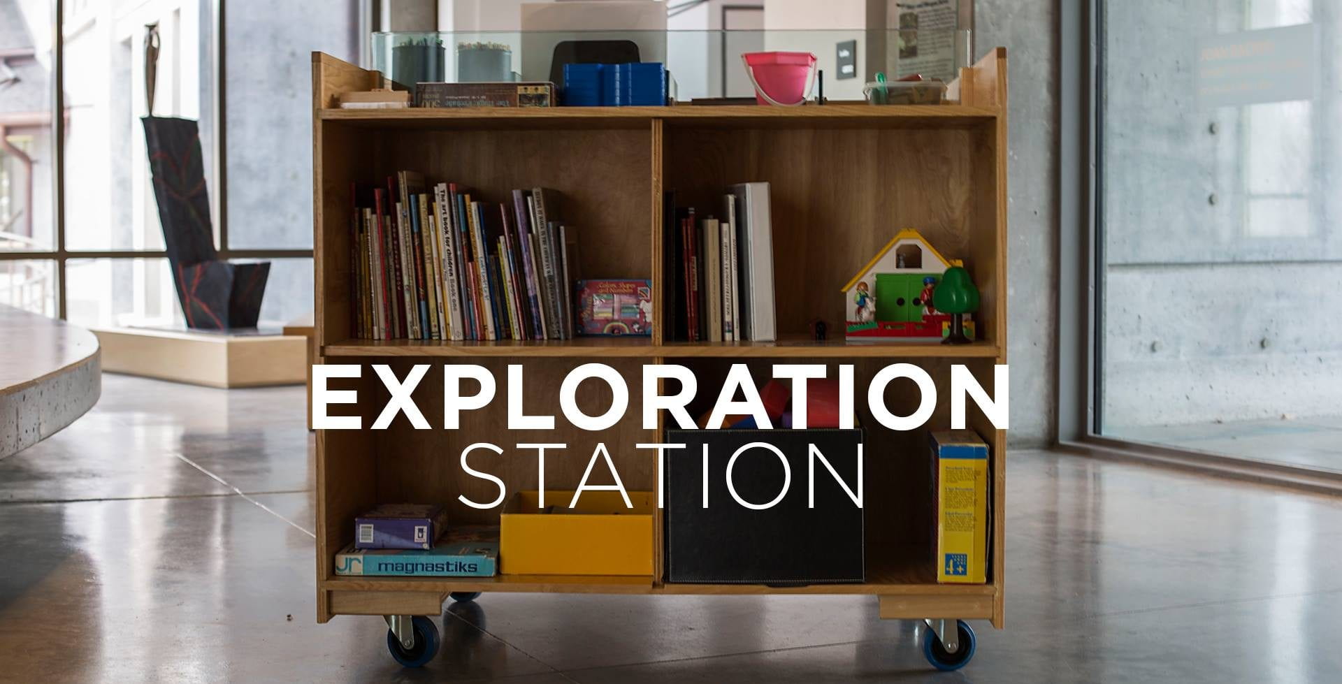 Exploration Station with books and activities for children and families at the Beach Museum of Art