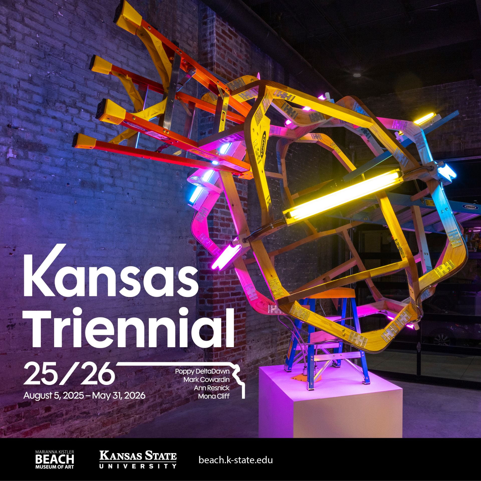 "Kansas Triennial 25/26" exhibition marketing image with the text of exhibition title and image of Mark Cowardin's sculpture made using ladders, 2x4s, lights and electrical wires.