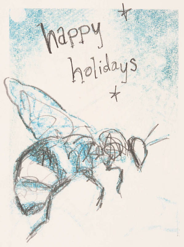 Untitled greeting card by Neal Ambrose-Smith in the Beach Museum of Art collection. Showing a drawing of a honey bee and text "Happy Holidays" and stars.