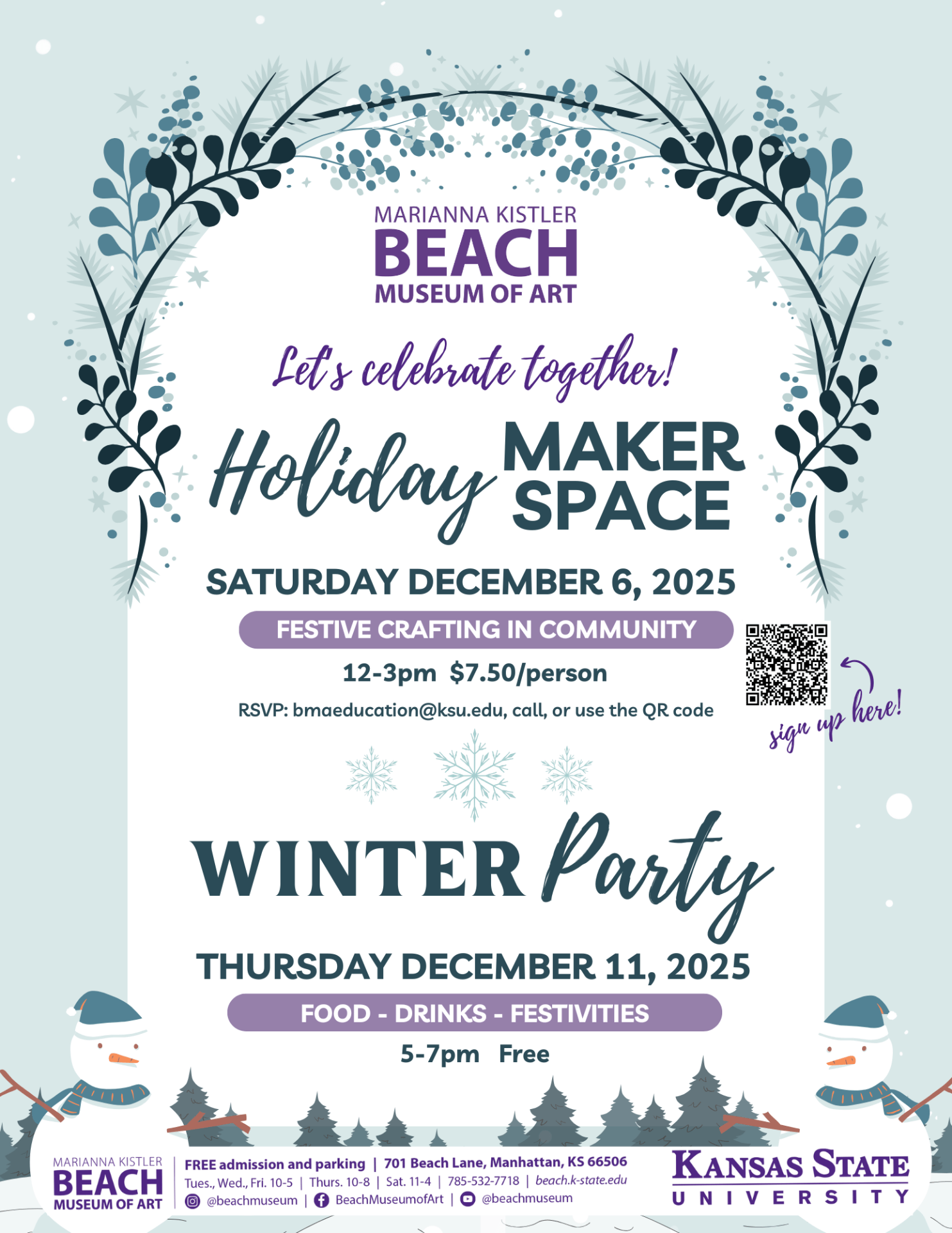Holiday MakerSpace and Winter Party flyer with images of snowflakes, snowman and text about the two events.
