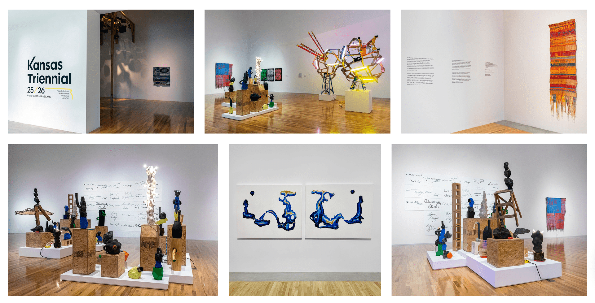 Gallery installation views with various artworks displayed including woven baskets, beadwork, textiles, lighted sculptures etc. in the "Kansas Triennial 25/26" exhibition.