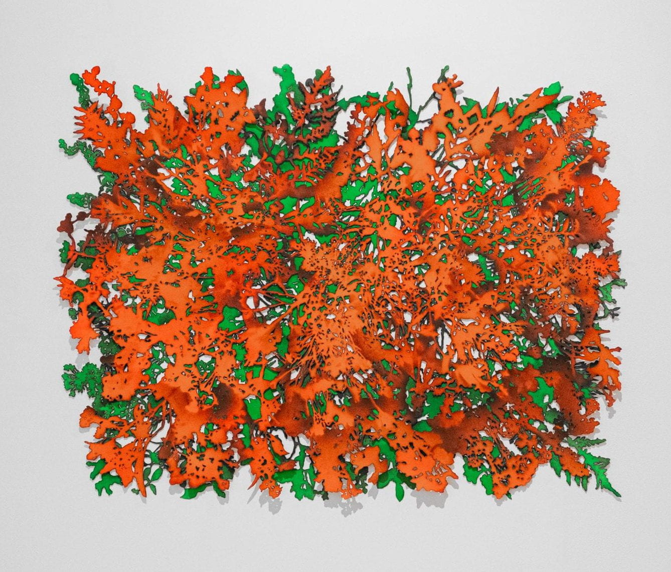 Ann Resnick, “Cenotaph (Orange/Green) (detail),” 2015, spray paint, two layers of burned paper