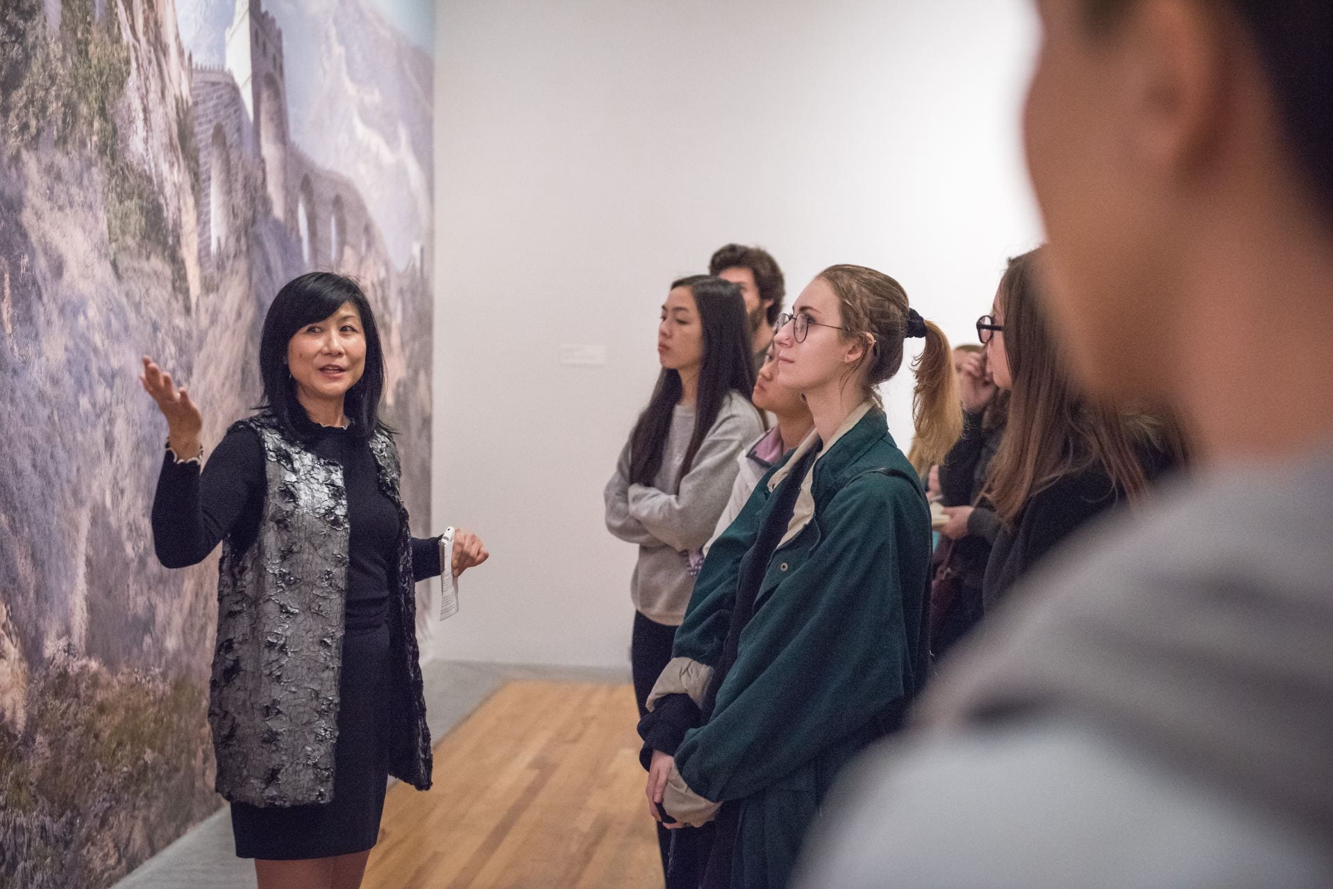 A gallery tour for students at the Beach Museum of Art