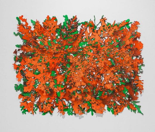 Ann Resnick, “Cenotaph (Orange/Green) (detail),” 2015, spray paint, two layers of burned paper