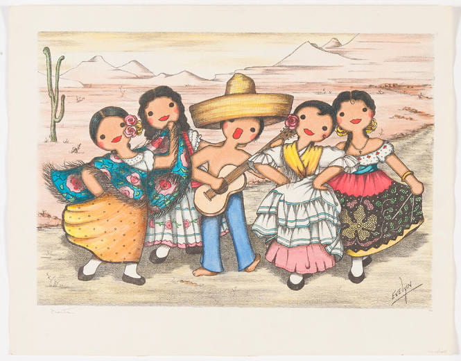 Artwork titled "Fiesta" by Evelyn Renfrew showing a man playing guitar and four women dancing in a dessert landscape.