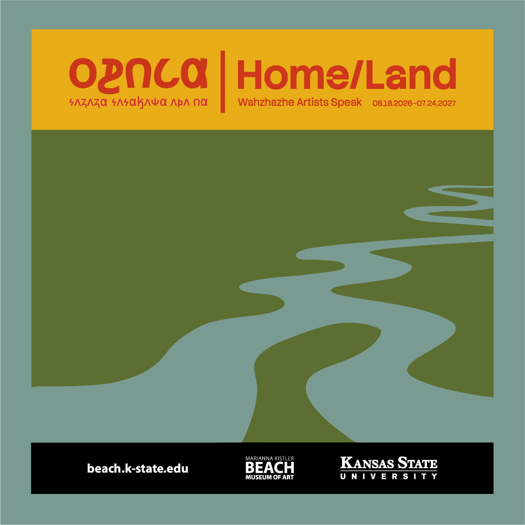 Home/Land title graphic in English and Wahzhazhe languages, with a graphic of a river flowing.