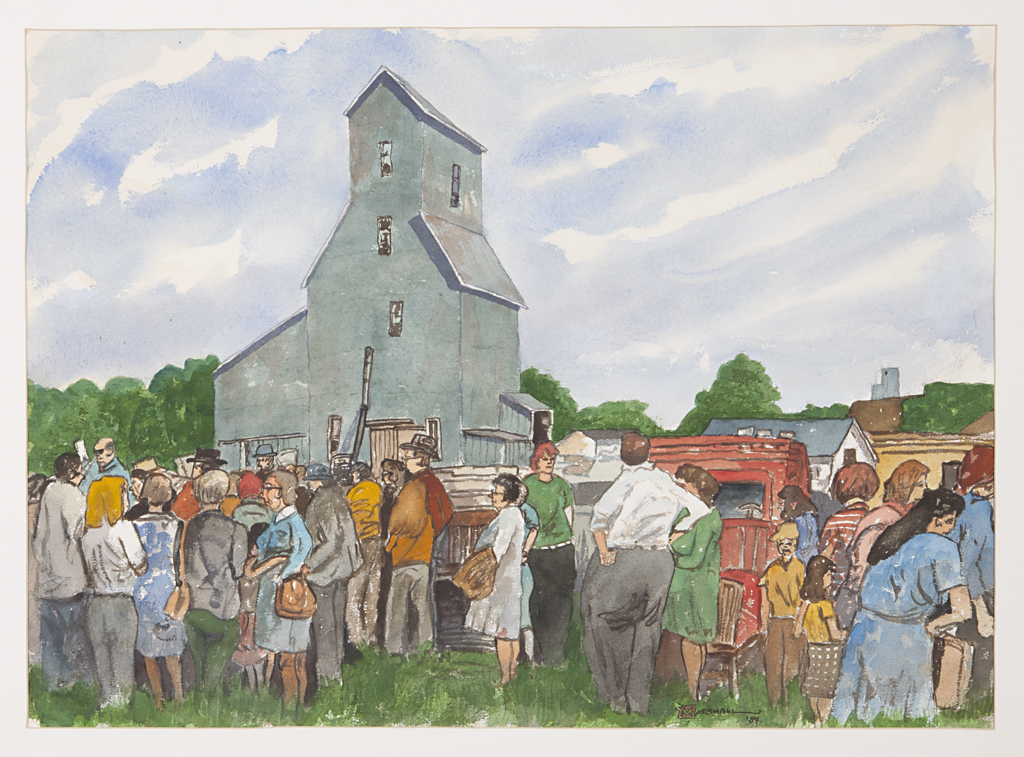 A watercolor on paper shows several rural farmers standing around a tall aluminum barn waiting for an auction.