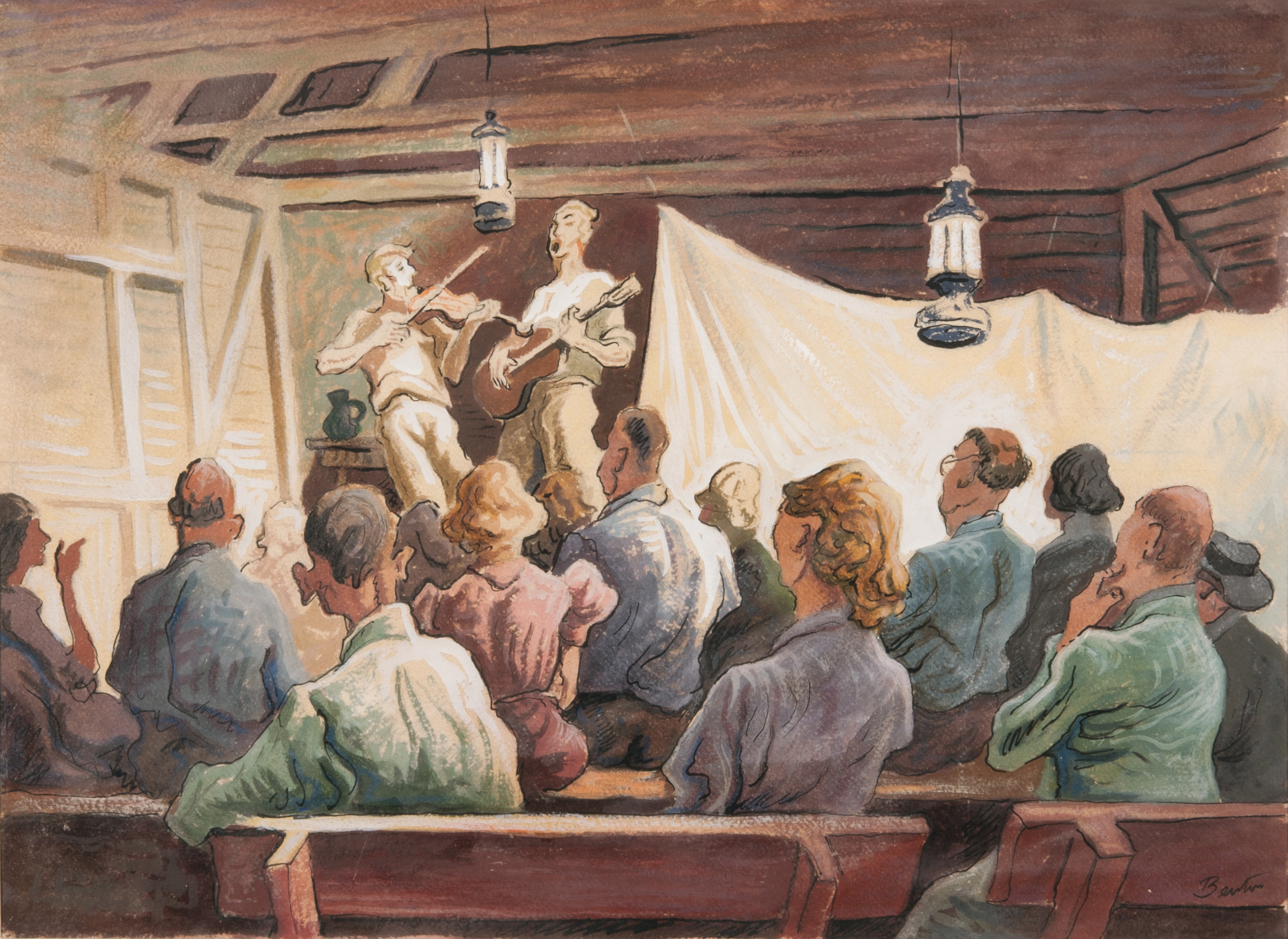 An egg tempera and opaque watercolor painting shows two fiddlers playing under dim lightbulbs and in front of a crowd.
