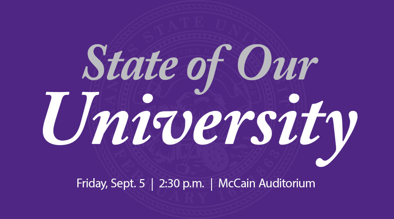 On a purple background, white text reads "State of Our University."