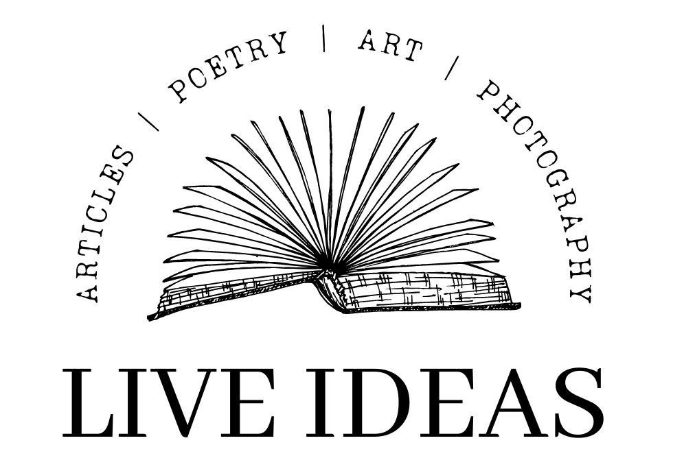 A logo of the Live Ideas Undergraduate Journal shows a sketch of an opened book with its pages in an arc. Arced above the pages are the words "Articles, poetry, art and photography" while underneath the name LIVE IDEAS is shown.