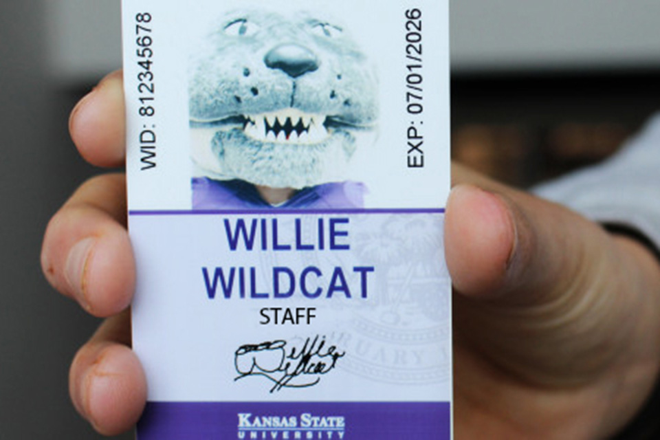 A hand holds out a Wildcat ID card with the Kansas State University mascot as the name and photo on the ID card. 