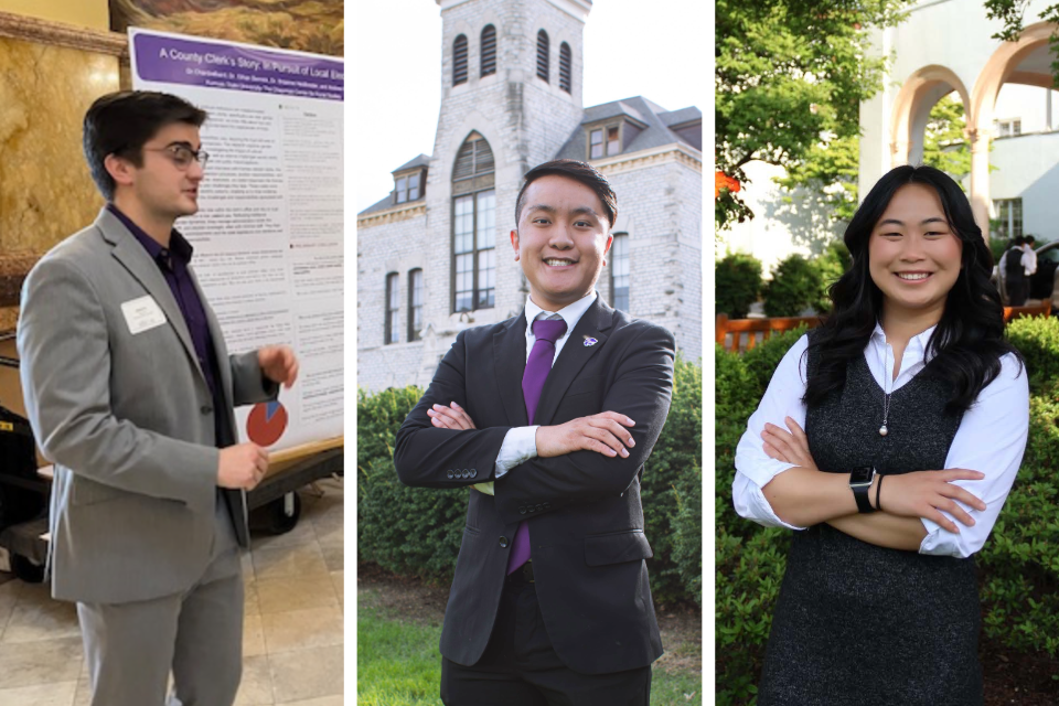 Three students in business attire in a collage. 