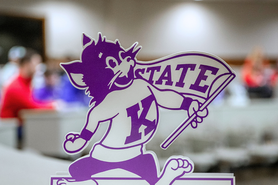 A blurred background shows people sitting in a lecture hall. The foreground shows a purple and white Willie the WIldcat logo on a table, close-up.