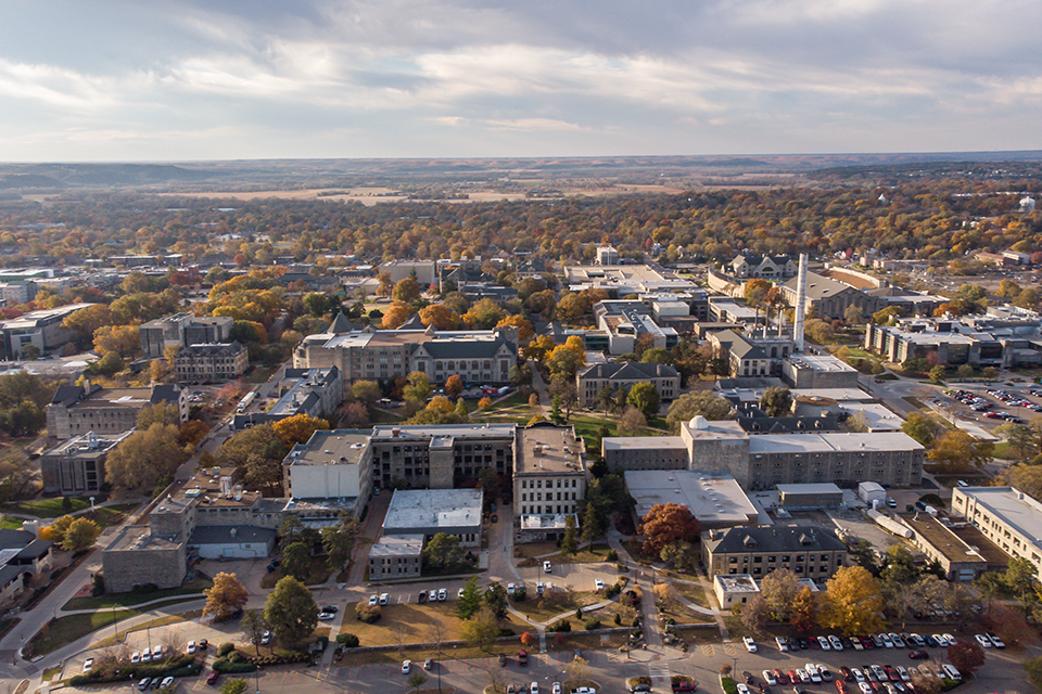 An aerial view of Kansas State University in the fall. 