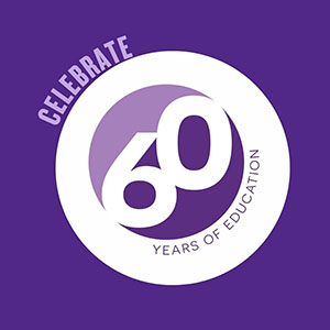 A white circle on a purple background includes the words "Celebrate 60 years of education."